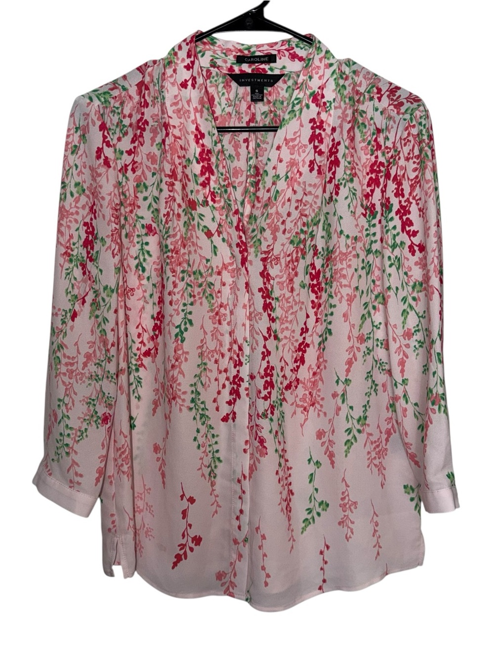 Investments Pink Blouse with Red & Green Vine Print